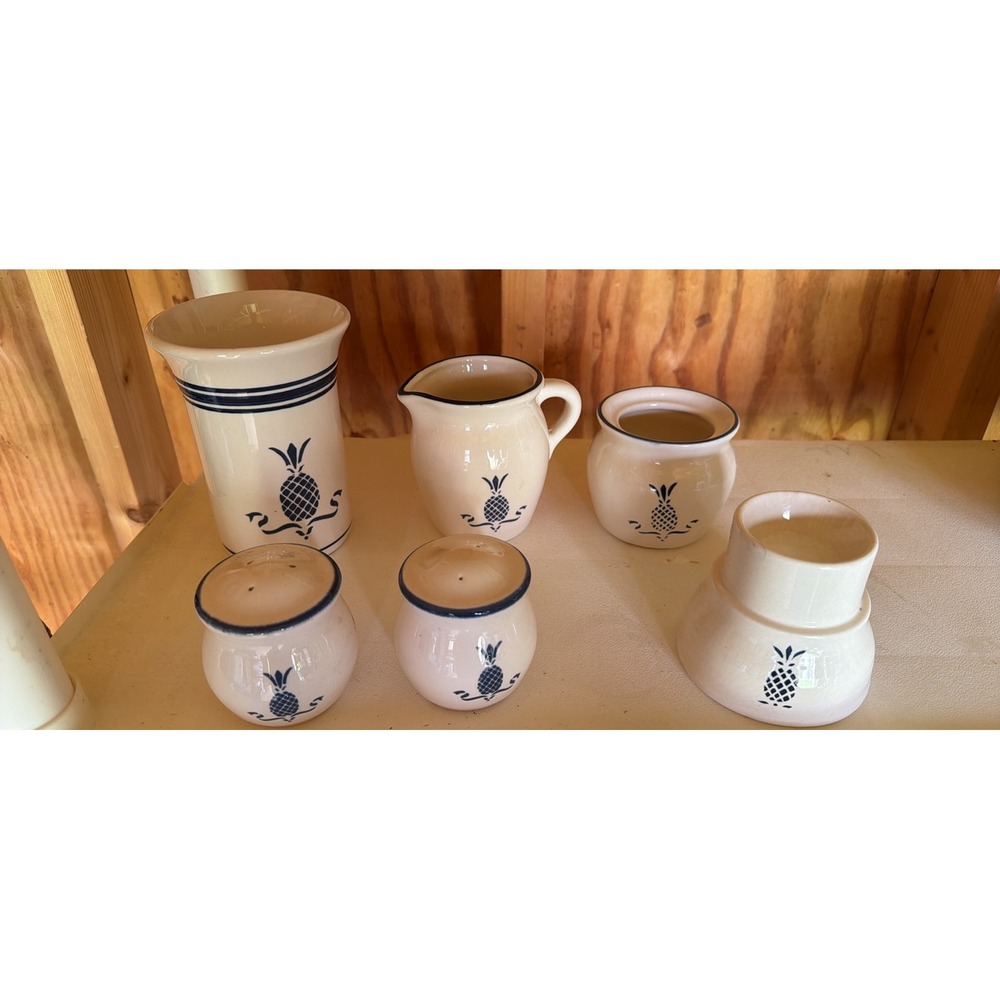 Pfaltzgraff Spectrum Blue Pineapple Stoneware Lot Creamer Shakers Crock 6pc‎
